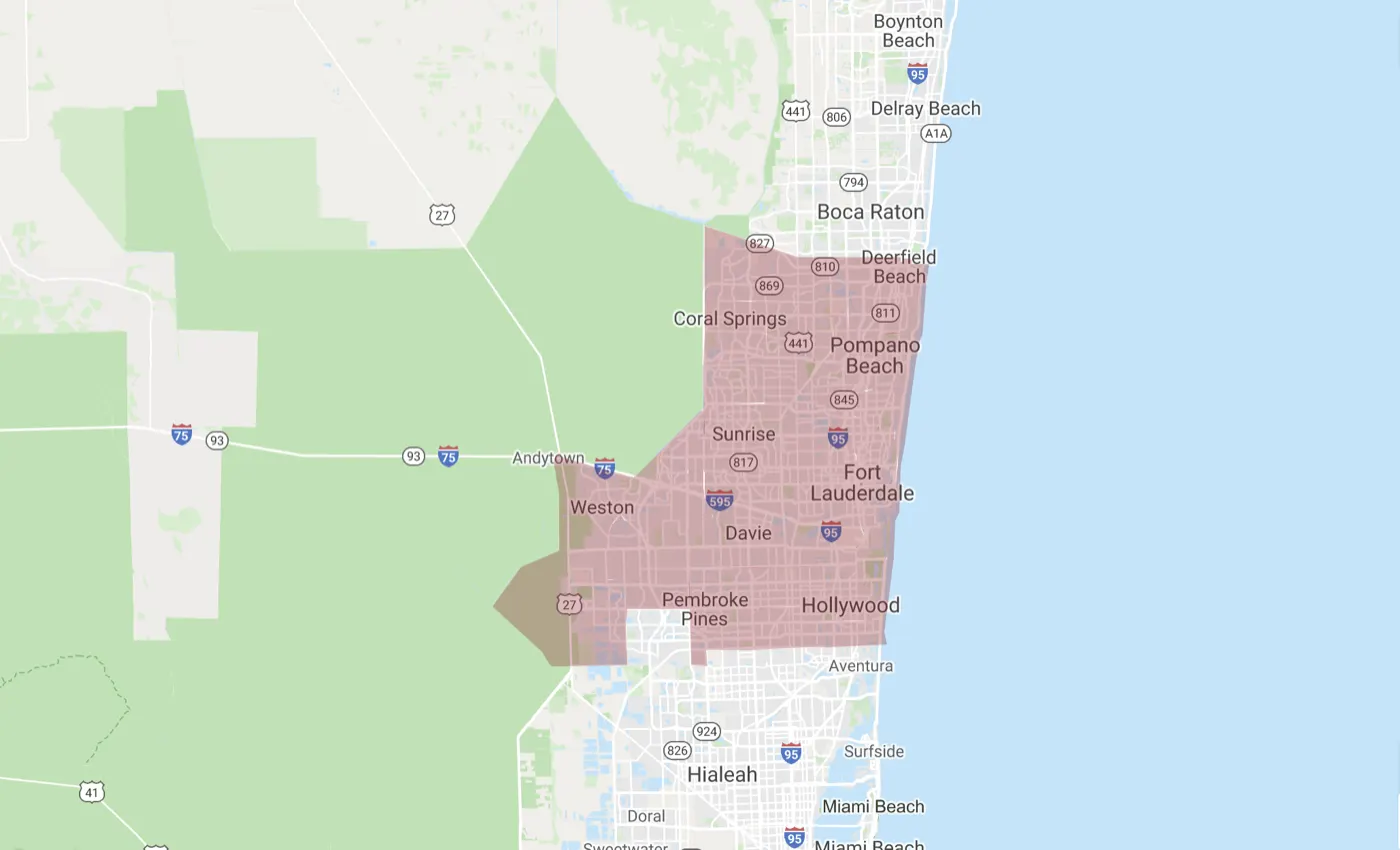 Map of the Shine of Fort Lauderdale territory from Boca Raton to Pembroke Pines